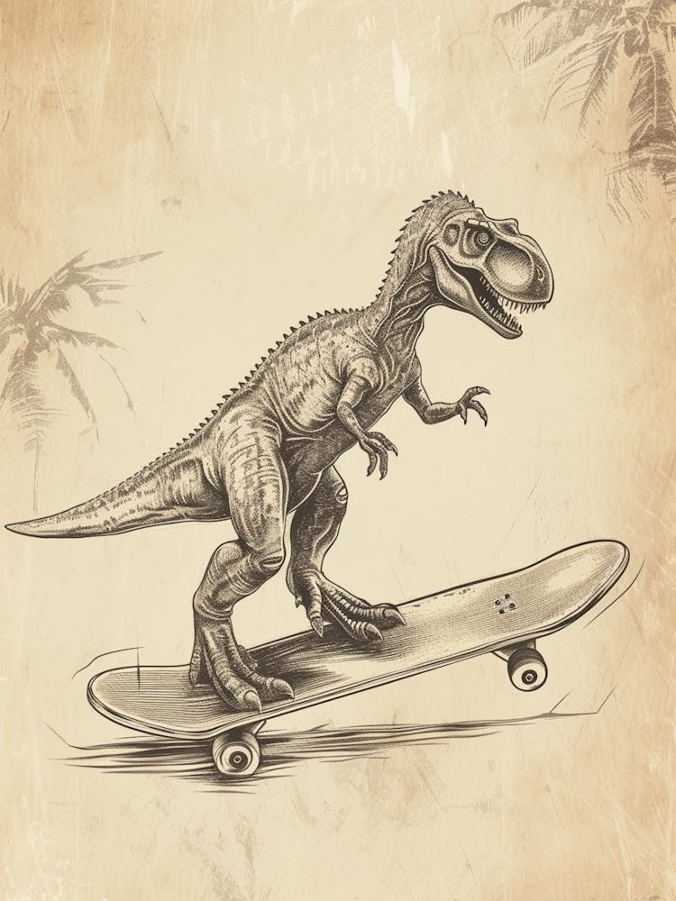 Vintage Carnotaurus Dinosaur On A Skateboard 2