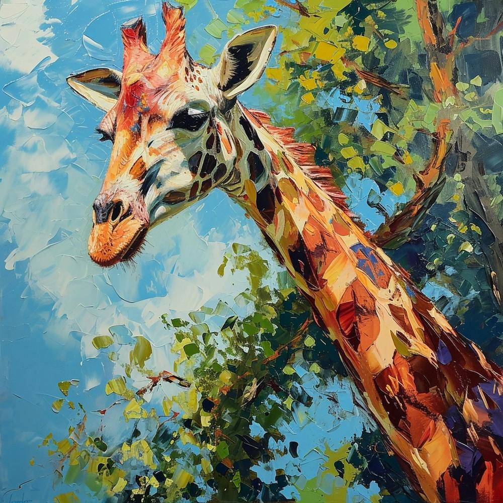 Giraffe Scratching Neck Against A Tree Brushstroke Inspired  3
