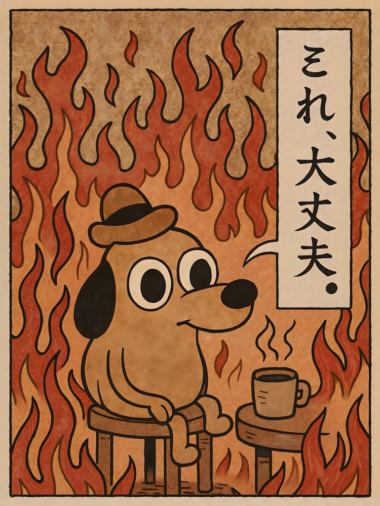 The famous "This is fine" dog meme reimagined with flames, coffee, and vintage Japanese cartoon vibes. This humorous comic-style painting captures the essence of staying calm in chaos—funny, trending, and perfect for fans of meme art and internet culture.