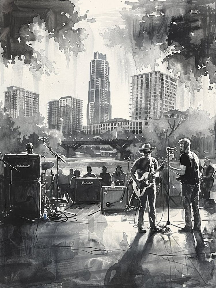 Live Music Scene Austin Texas Black And White Watercolour 4