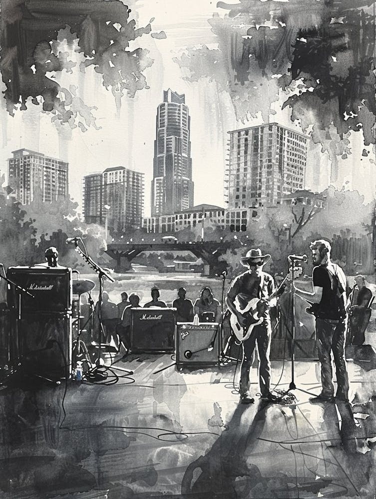 Live Music Scene Austin Texas Black And White Watercolour 4