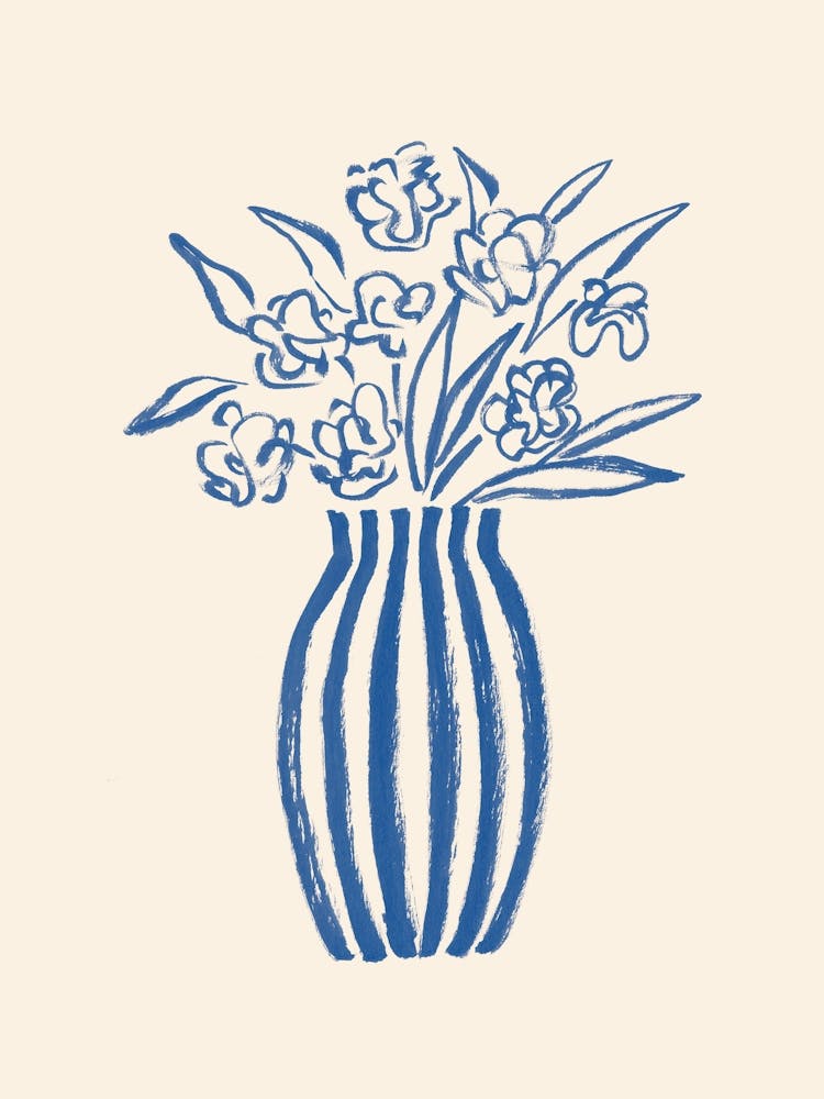 Stripes Flower Vase Floral Still Life Illustration - Blue