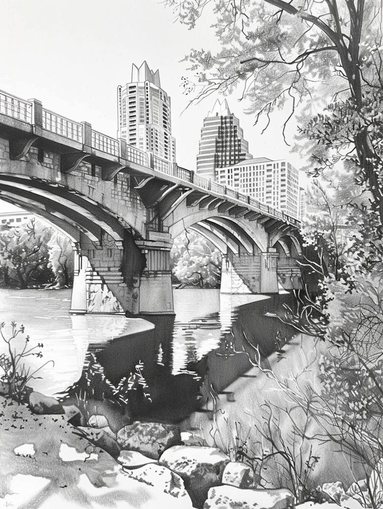 Congress Avenue Bridge Austin Texas Black And White Drawing 2
