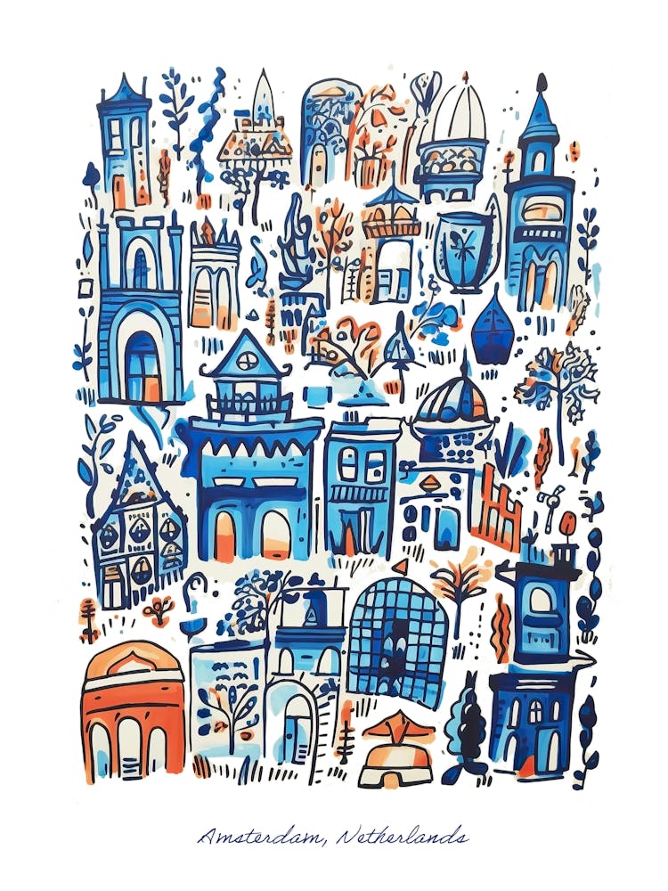 Amsterdam Netherlands Landmarks Illustration Line Art Travel Blue
