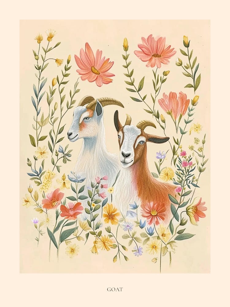 Folksy Floral Animal Drawing Goat 3 Poster
