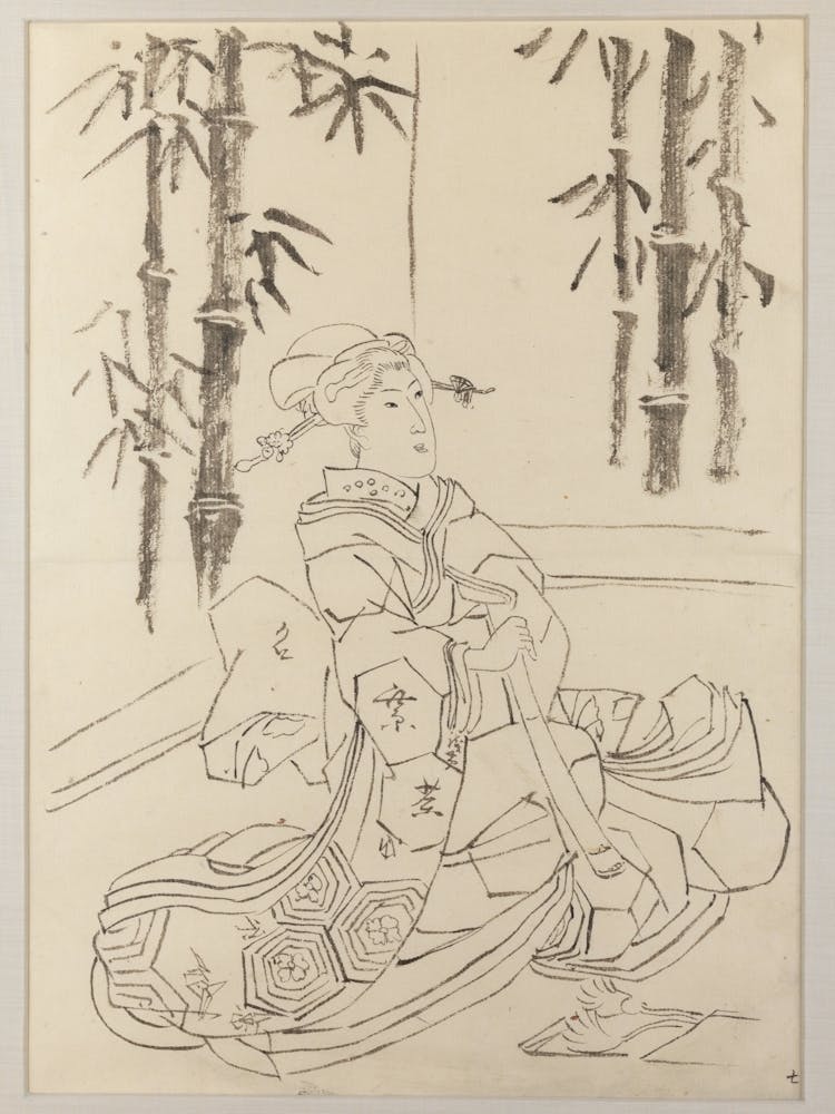 Framed Preparatory Drawing Of A Woman Sitting On The Ground Wrapped In Large Robe, Holding Long Object In Hands; Op