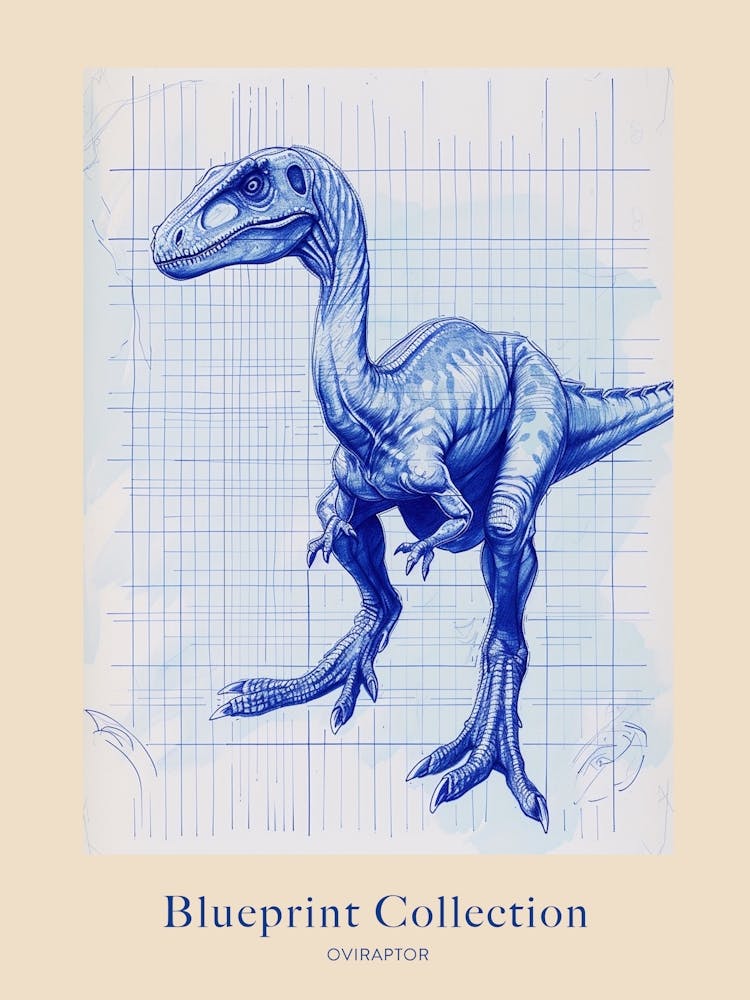 Oviraptor Dinosaur Blue Print Style Sketch Poster