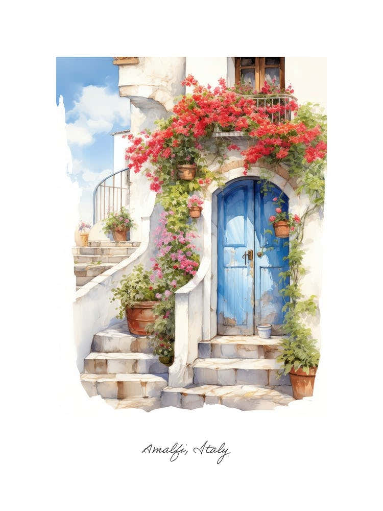 Amalfi, Italy   Mediterranean Doors Watercolour Painting 6 Poster