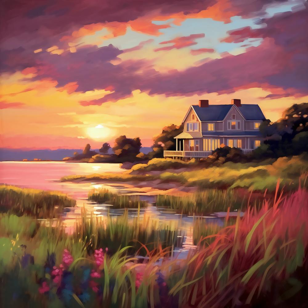 Sunset Meadow On A Lake