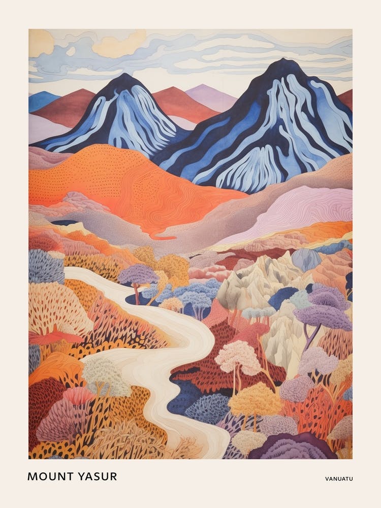 Mount Yasur Vanuatu Colourful Mountain Illustration Poster