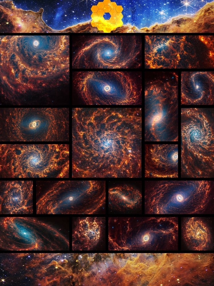 19 Spiral Galaxies + Cosmic Cliffs, Carina Nebula (James Webb/JWST) — space poster