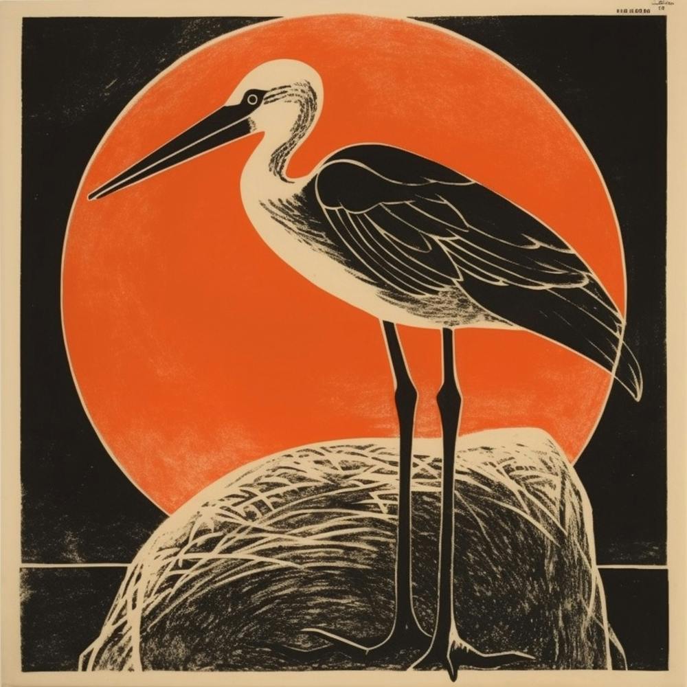Retro Bird Lithograph Stork 2
