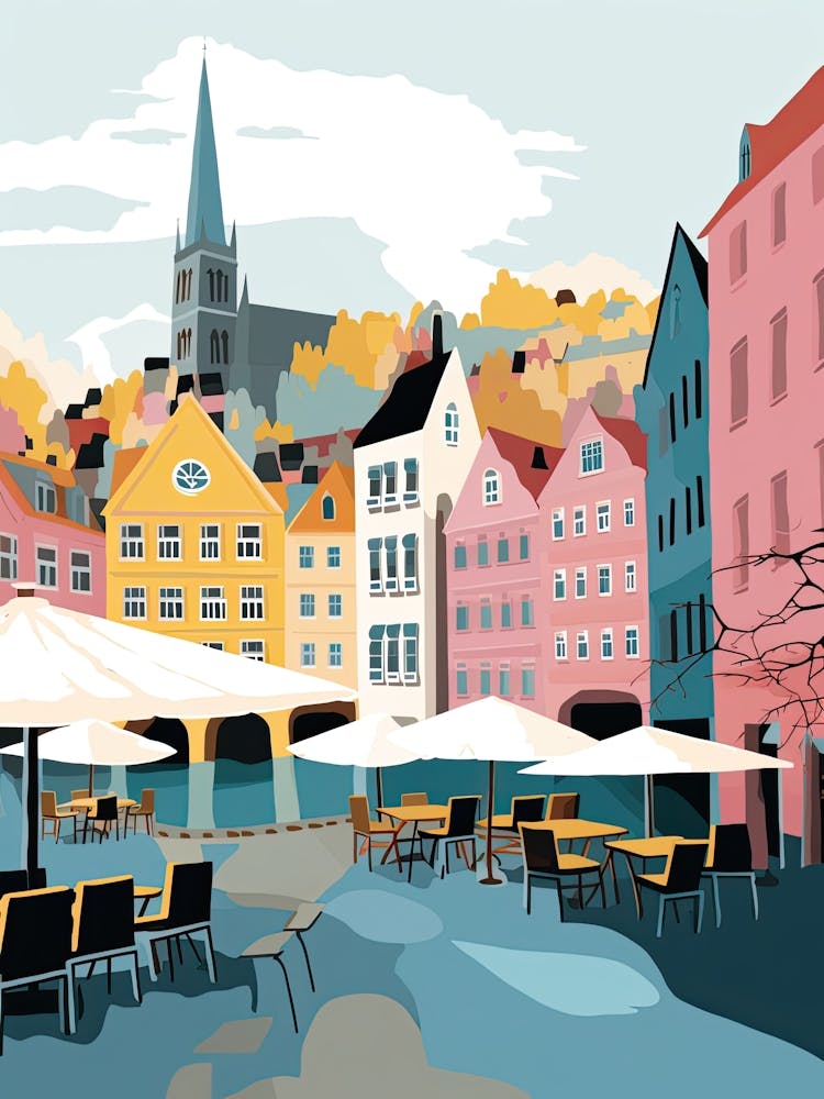 Bergen, Norway, Flat Pastels Tones Illustration 1