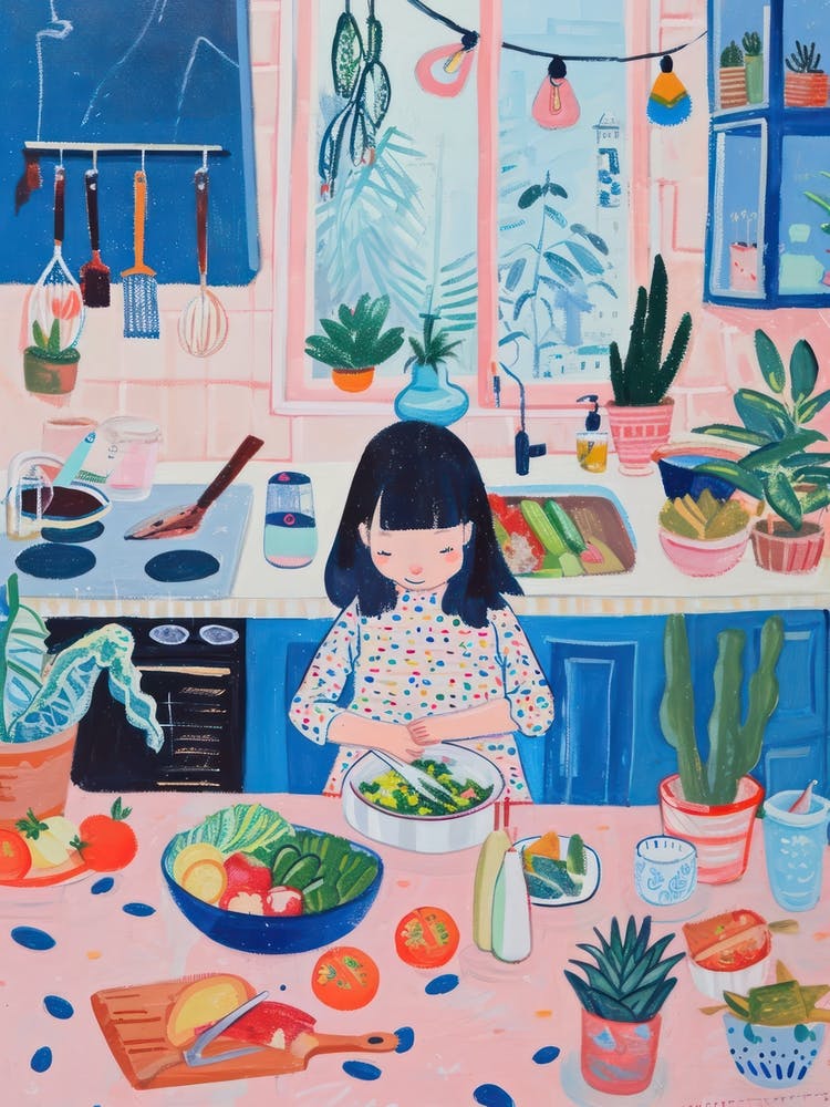 Girl Making A Salad Lo Fi Kawaii Illustration 2