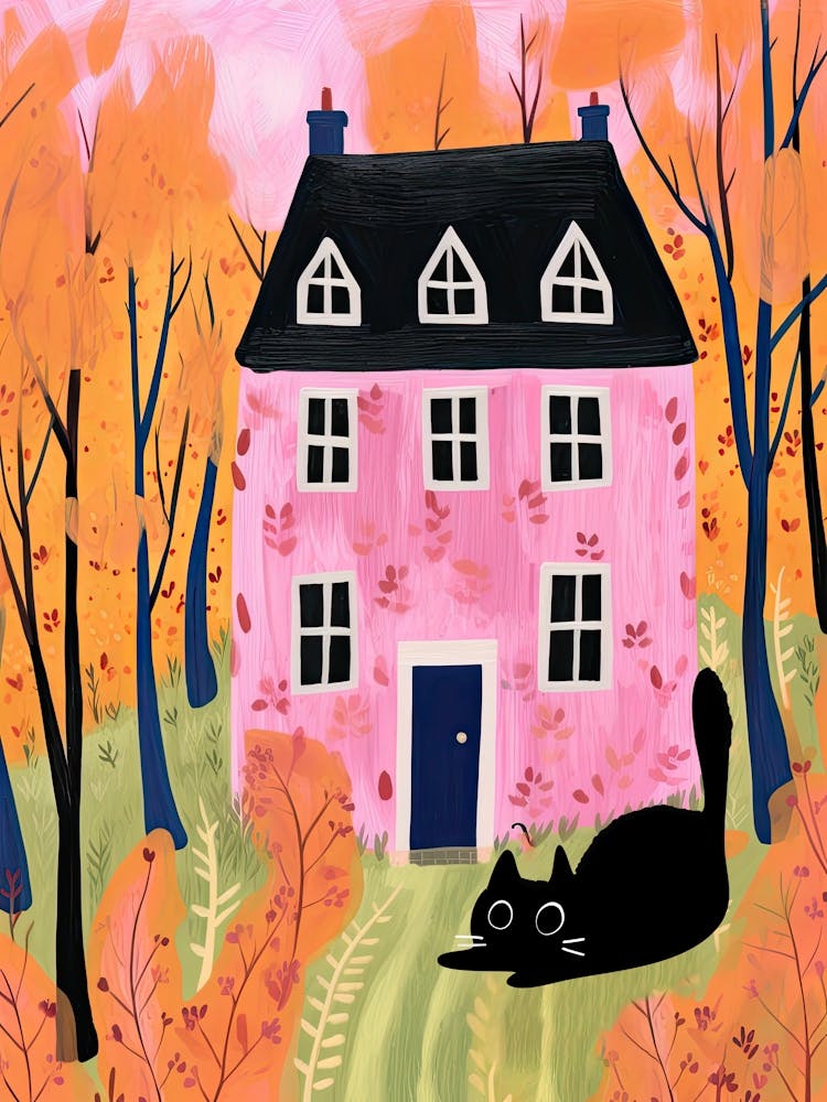 Black Cat Playing And Pink House