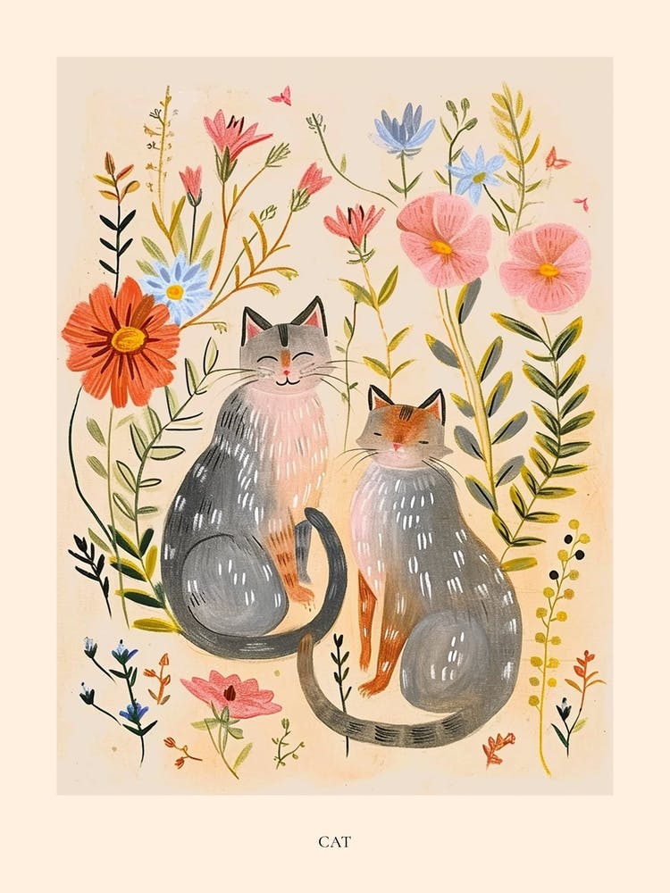 Folksy Floral Animal Drawing Cat 4 Poster