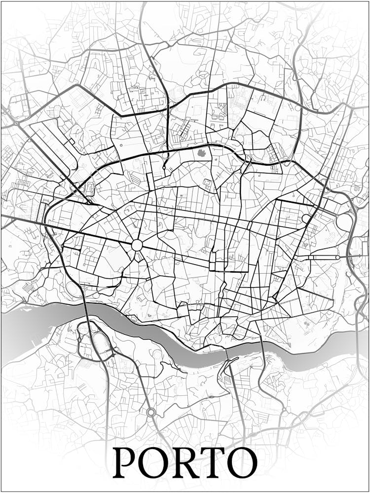 Porto, Portugal, City Map, Black And White Fade Design
