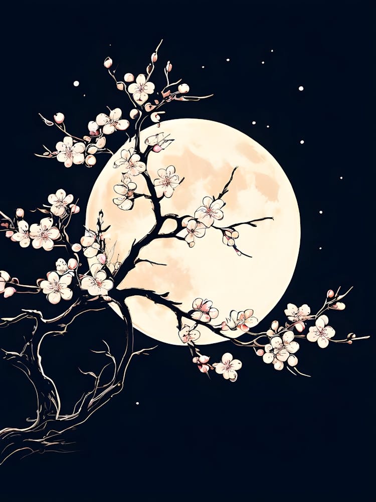 Cherry Blossom Tree With Moon