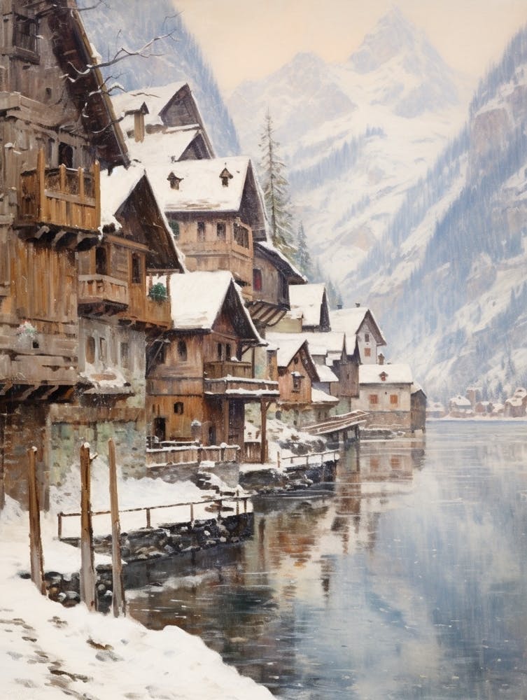 Vintage Winter Painting Hallstatt Austria 2