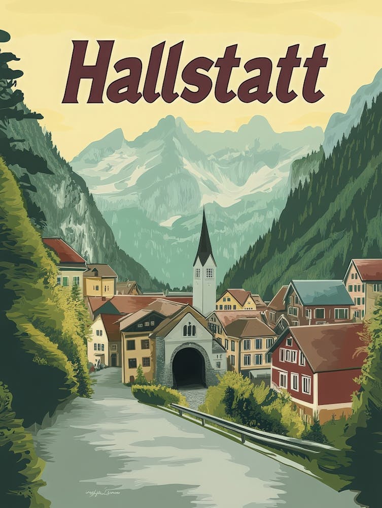 Aihrgdesign A Retro Travel Poster For Hallstatt Featuring The 8aed9791 1ef8 4dd0 8542 4782b904d5cf 0