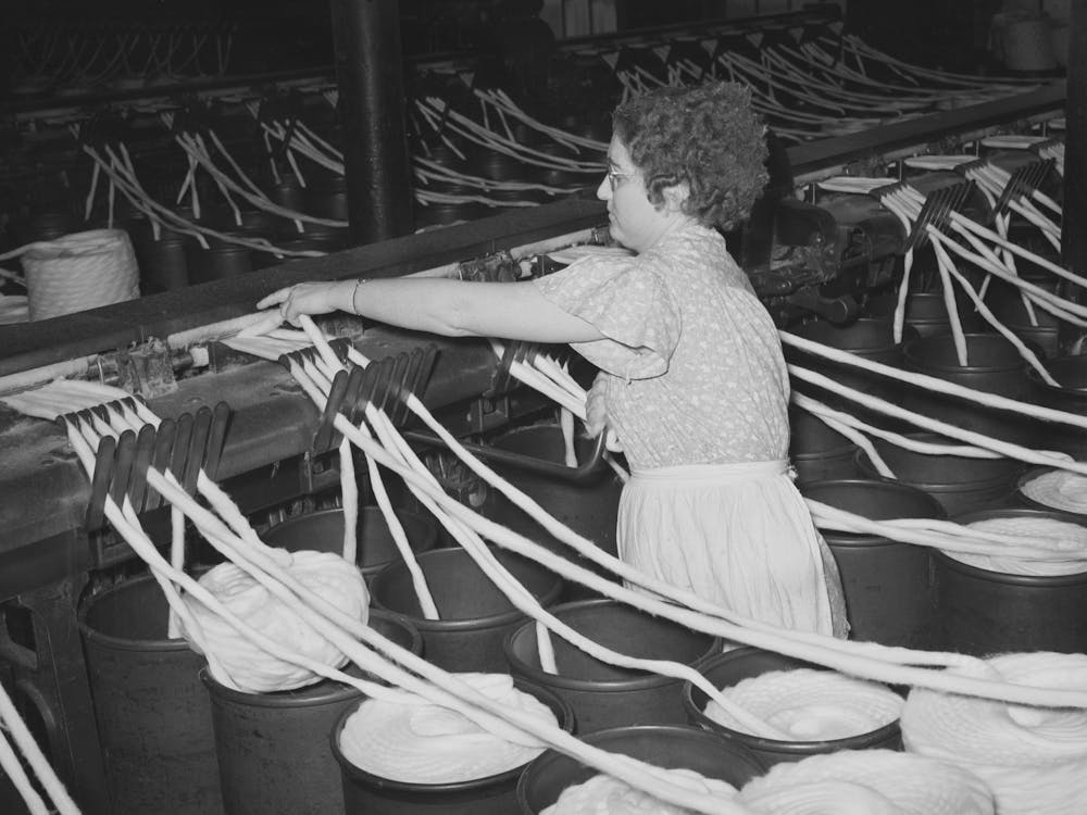 Threading Cotton Ropes Into Thread Making Machine, Laurel Cotton Mill, Laurel, Mississippi By Russell Lee
