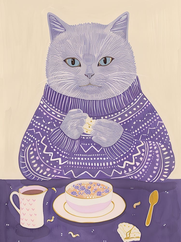 Grey Cat Having Breakfast Folk Illustration 5
