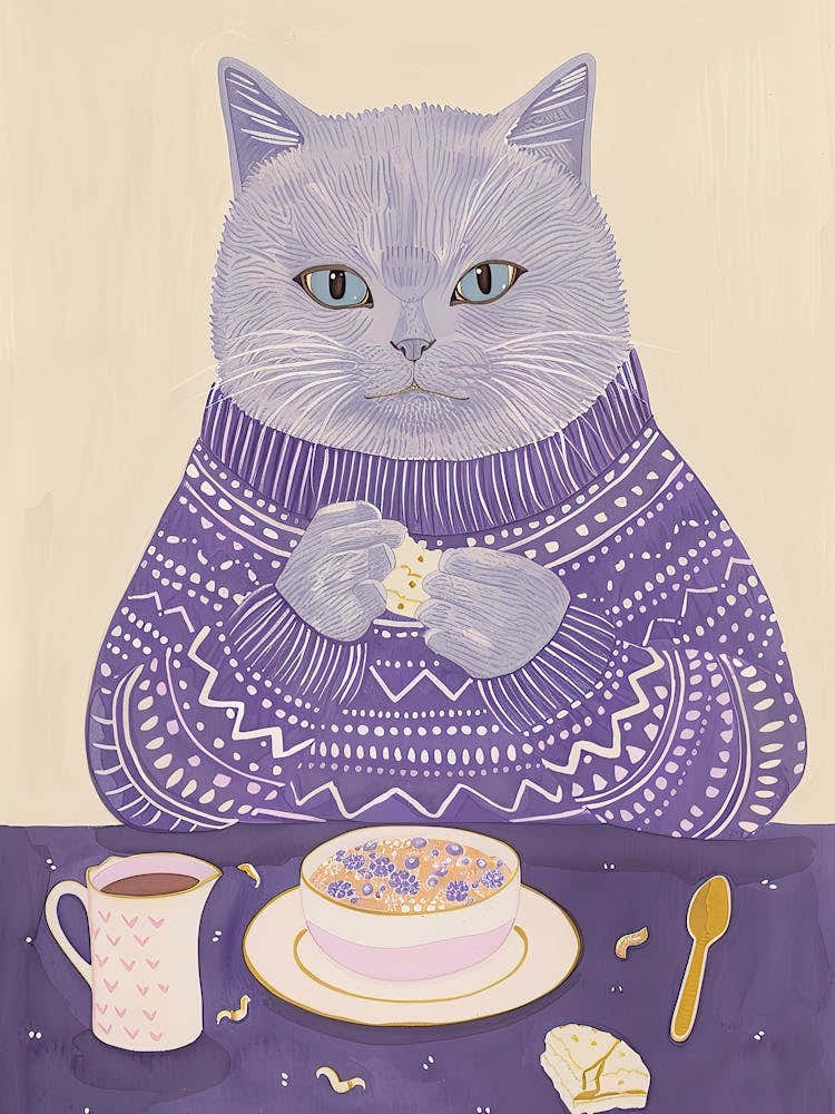 Grey Cat Having Breakfast Folk Illustration 5