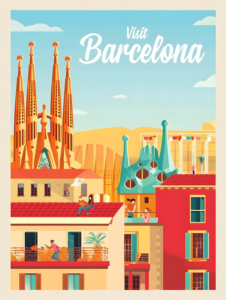 Visit Barcelona Travel Poster - Colorful Vintage City