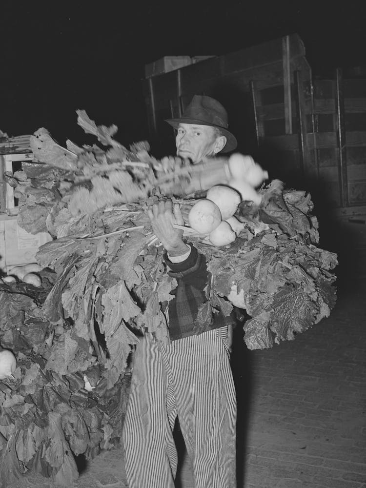 Truck Farmer With An Armload Of Turnips At Early Morning Market, San Angelo, Texas By Russell Lee
