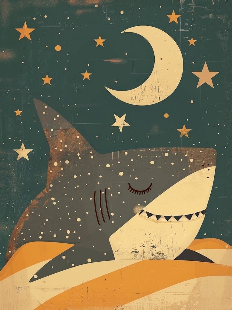 Shark Sleeping In Bed With The Moon Muted Pastels 2