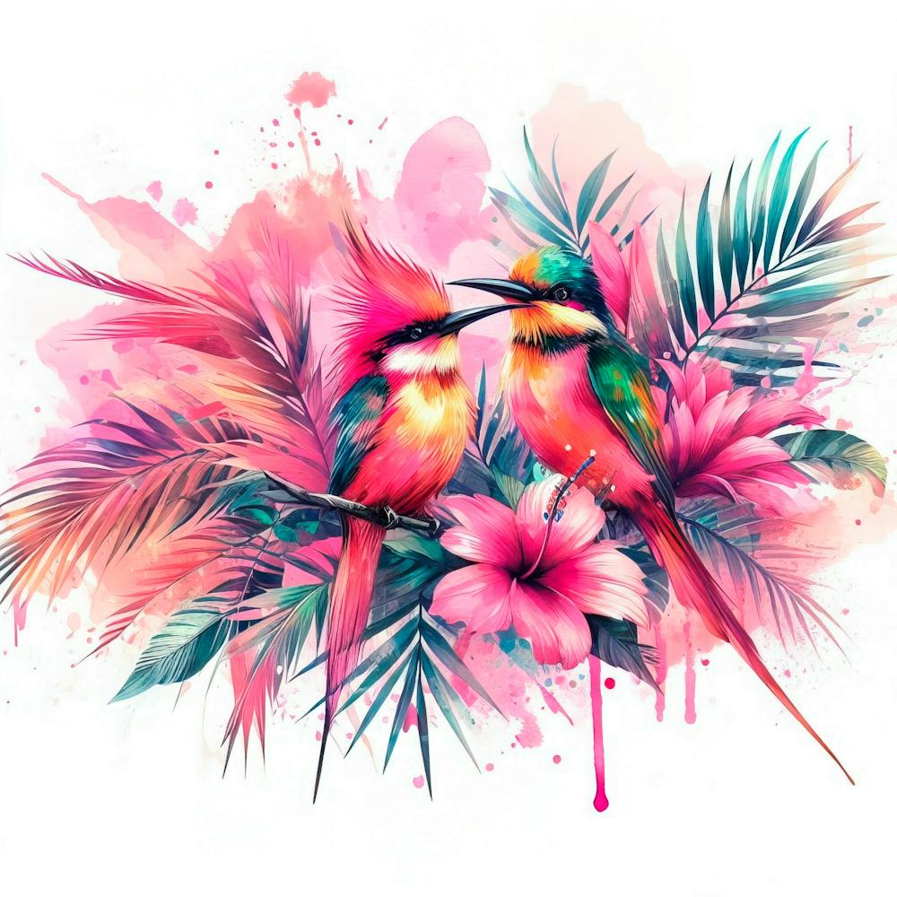 Tropical Bird Romance Pink Watercolor Splash Background Well Defined