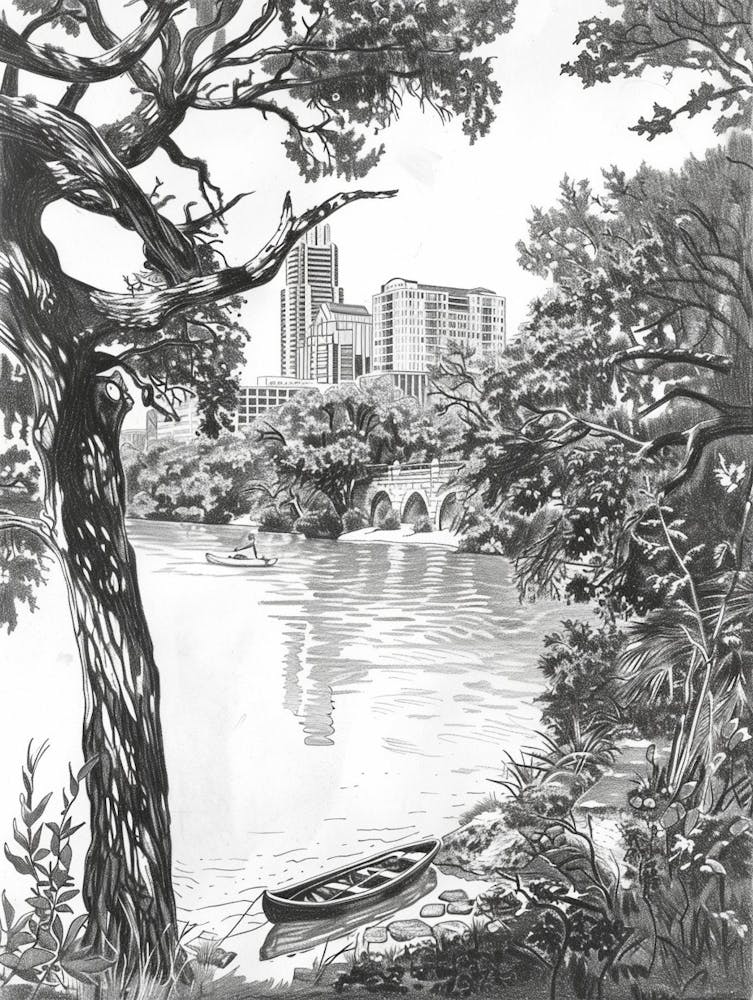 Laguna Gloria Austin Texas Black And White Drawing 1