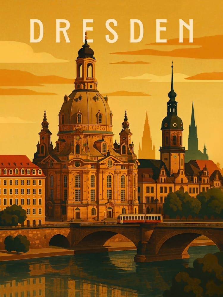 Dresden Travel Poster Germany – Baroque City on the Elbe: This scenic travel poster of Dresden showcases the Frauenkirche, baroque domes, and Elbe bridges in sunset light. A European gem of culture, architecture, and riverside charm.