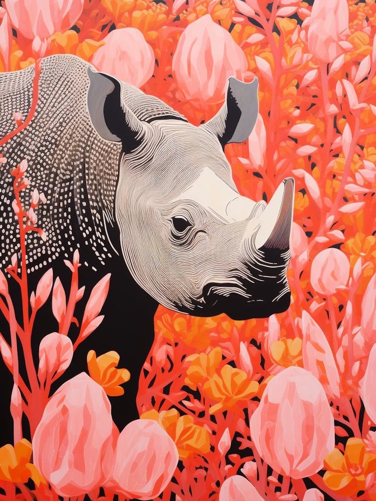 Geometric Pink & Orange Rhino In The Plants 2