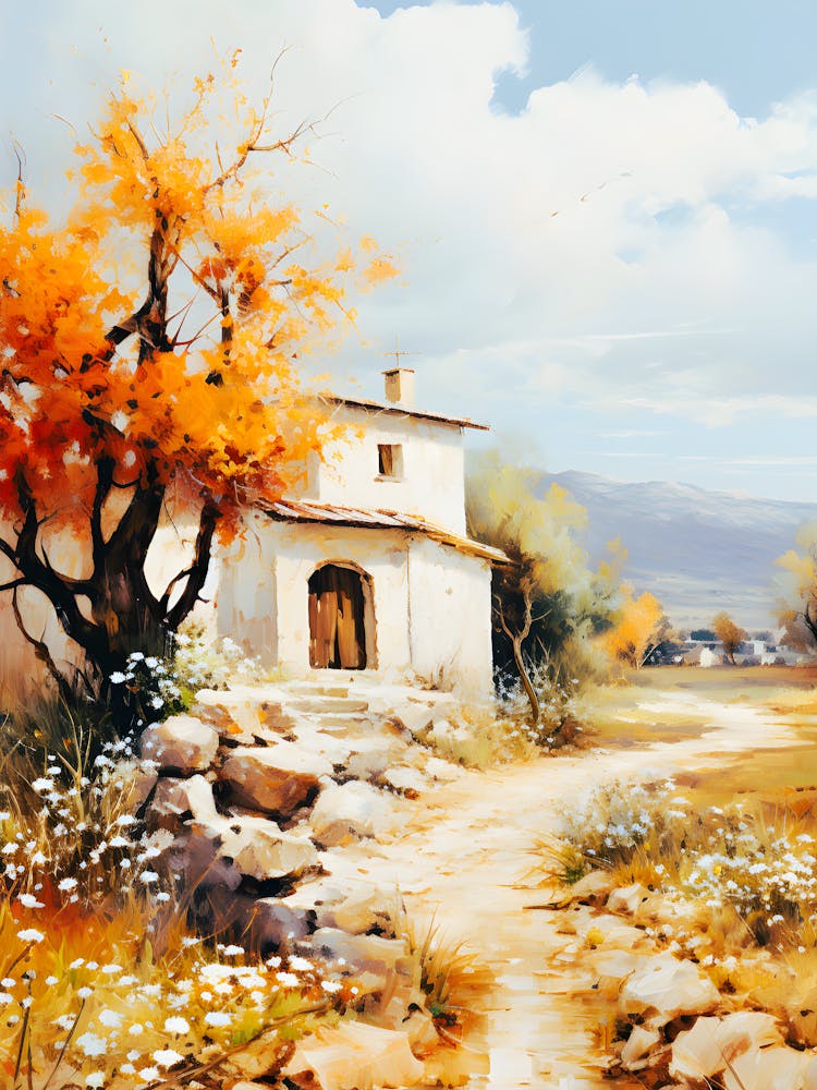 Rustic Countryside Wall Art – Autumn Landscape With Stone Path & Cottage