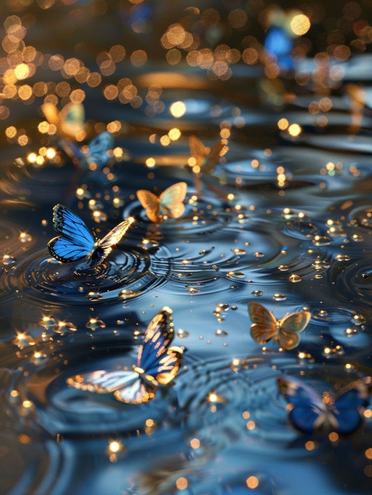 The Sparkling Water, With Several Blue Gold Metal Butterflies Floating On The Surface,