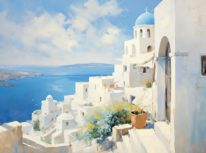 Santorini Art Painting, Greek Old Town Cityscape Painting, Mediterranean Landscape, Neutral Vintage Oil Painting, Digital Download