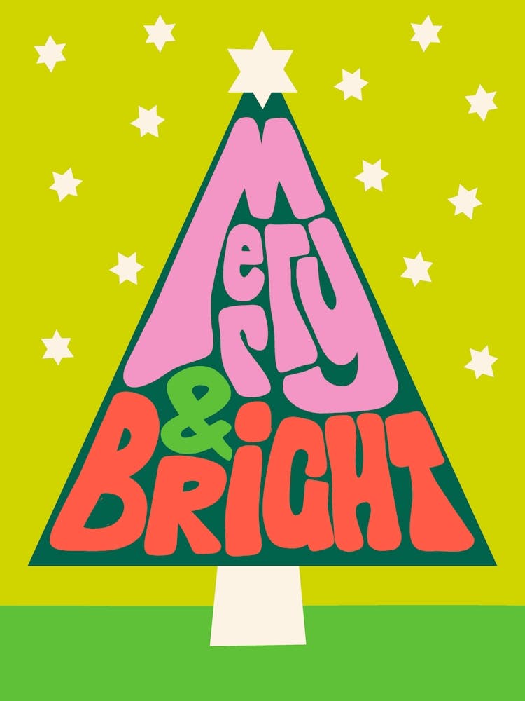 Merry and Bright Hand Lettering Retro Christmas Tree