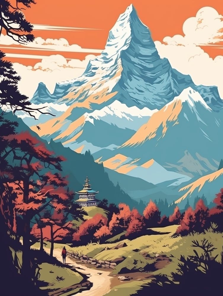 Poon Hill Trek Nepal 6 Vintage Travel Illustration