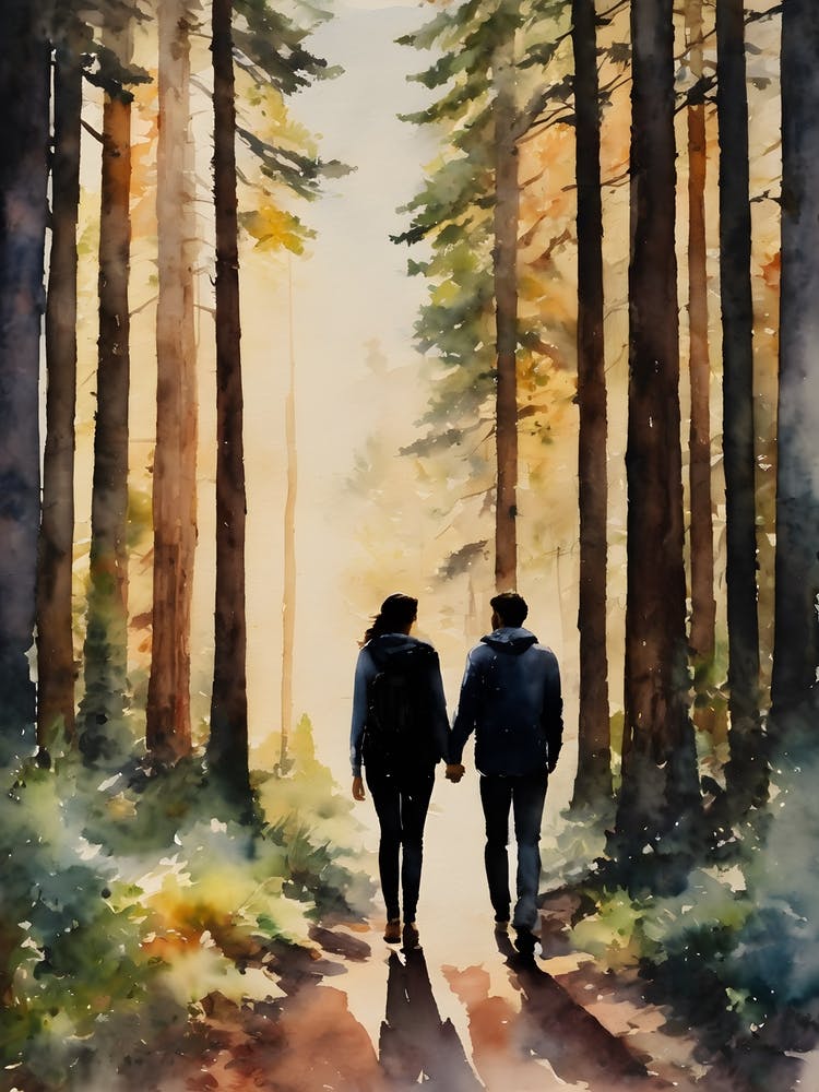 Hiking Couple Walking In The  Red Woods - Romantic Couple Stroll In The Woodland Landscape- Autumn Forest Girlfriend Boyfriend Husband Wide Strolling Through Beautiful Botanical Trees as the Sun Sets - Dreamy Wall Decor Just Newly Married or Dating Love A