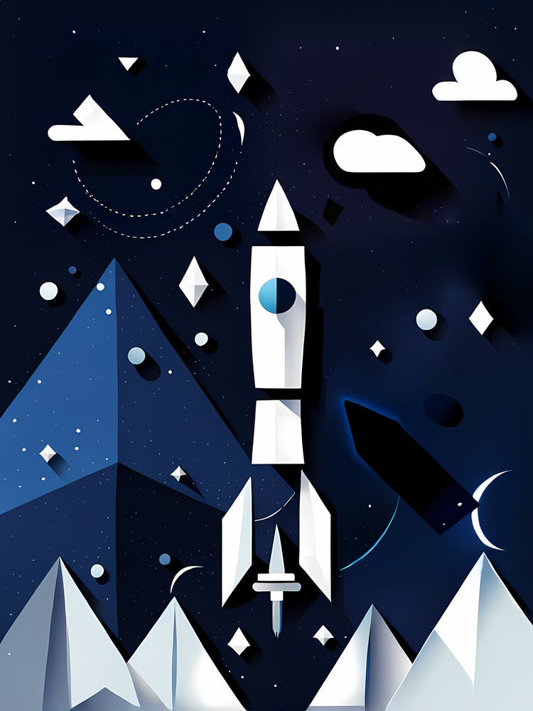 Space Rocket, Rocket blasting off over mountains and stars, Rocket wall art, Children’s nursery illustration, Kids' room decor, Sci-fi adventure wall decor, playroom wall decal, minimalistic vector, dreamy gift 220