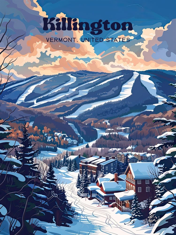 Killington Vermont Ski Mountain Travel Art Illustration