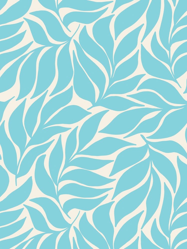 Into The Garden - Blue Wavy Tropical Leaves on Cream White