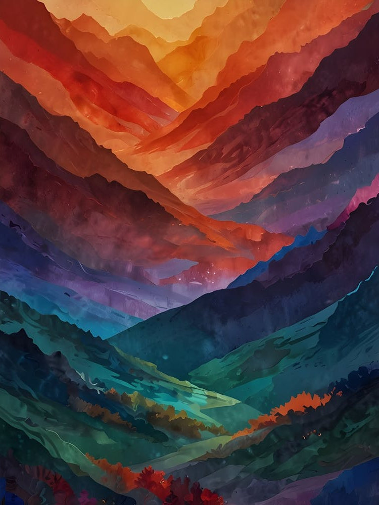 A breathtaking abstract landscape featuring layered mountains in vibrant hues of red, orange, and purple, transitioning into deep blues and greens.