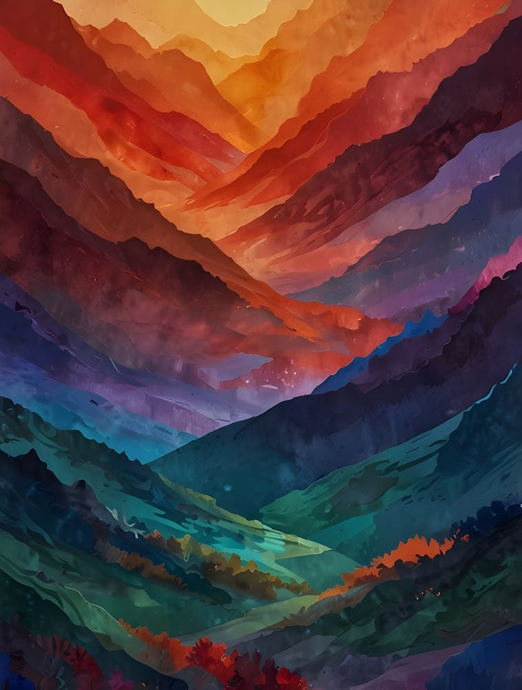 A breathtaking abstract landscape featuring layered mountains in vibrant hues of red, orange, and purple, transitioning into deep blues and greens.