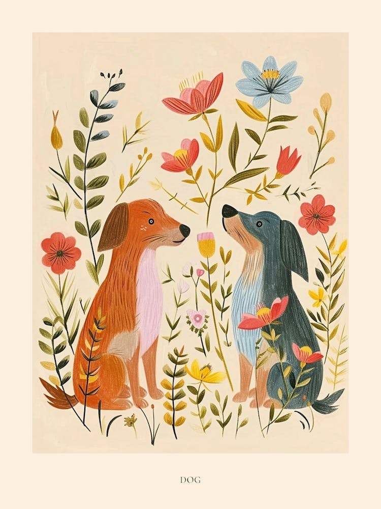 Folksy Floral Animal Drawing Dog 5 Poster