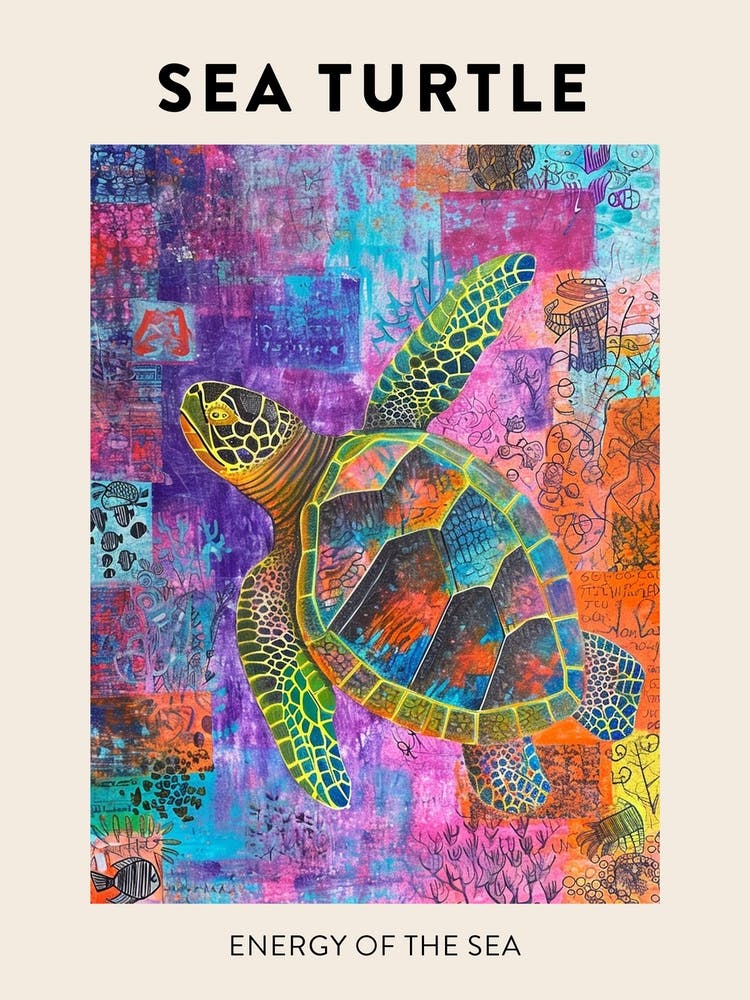 Colourful Tile Sea Turtle Doodle Poster