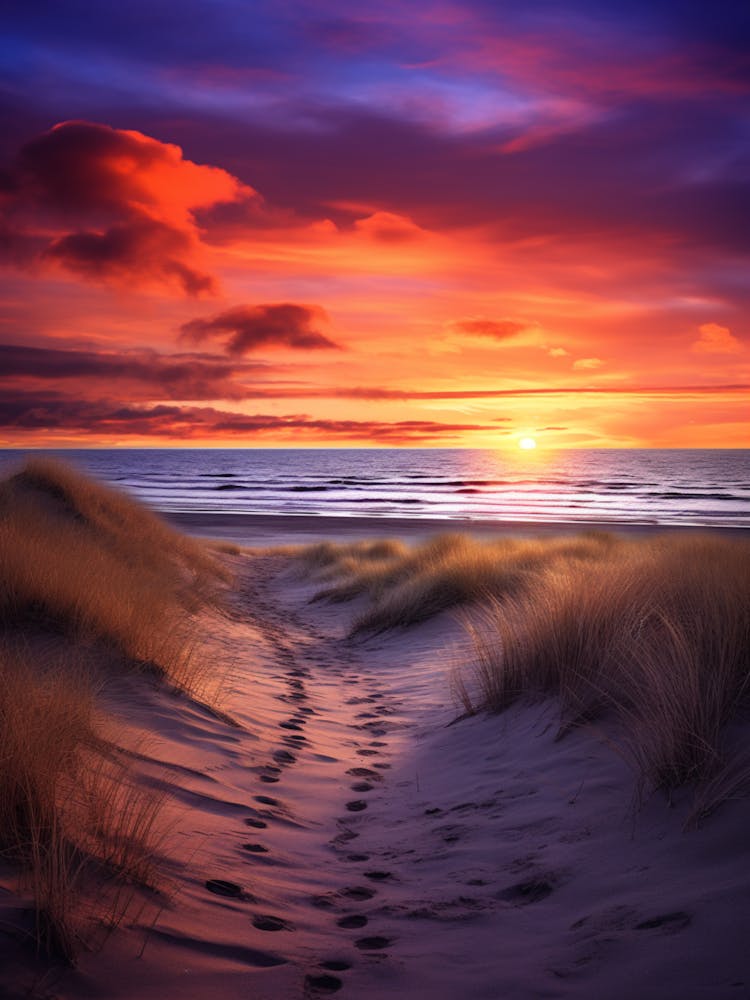 Formby Beach Merseyside With The Sun Set, Vibrant Painting 1