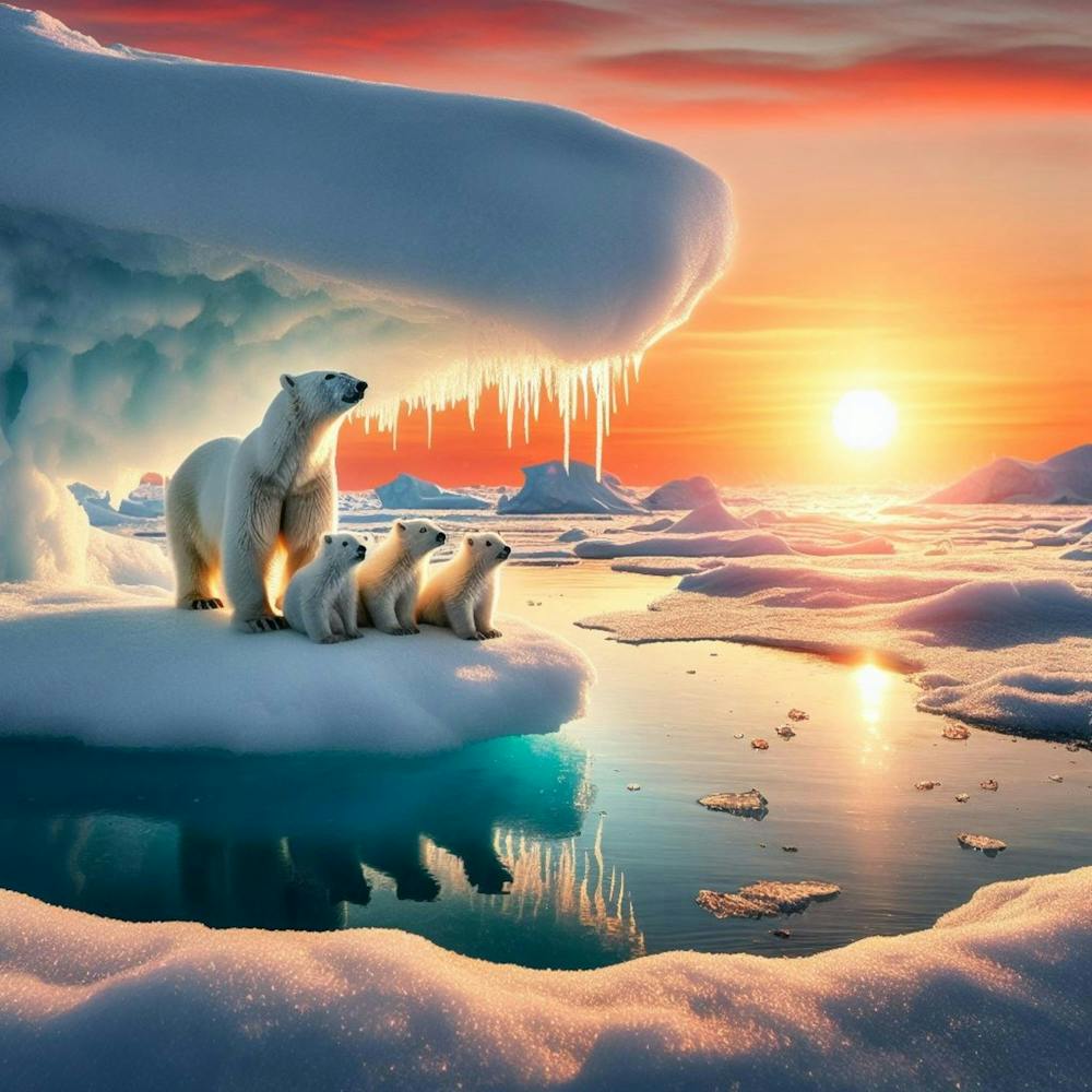 A Polar Bear And Her Cubs On The Edge Of An Ice Floe, With The Arctic Sun On The Horizon