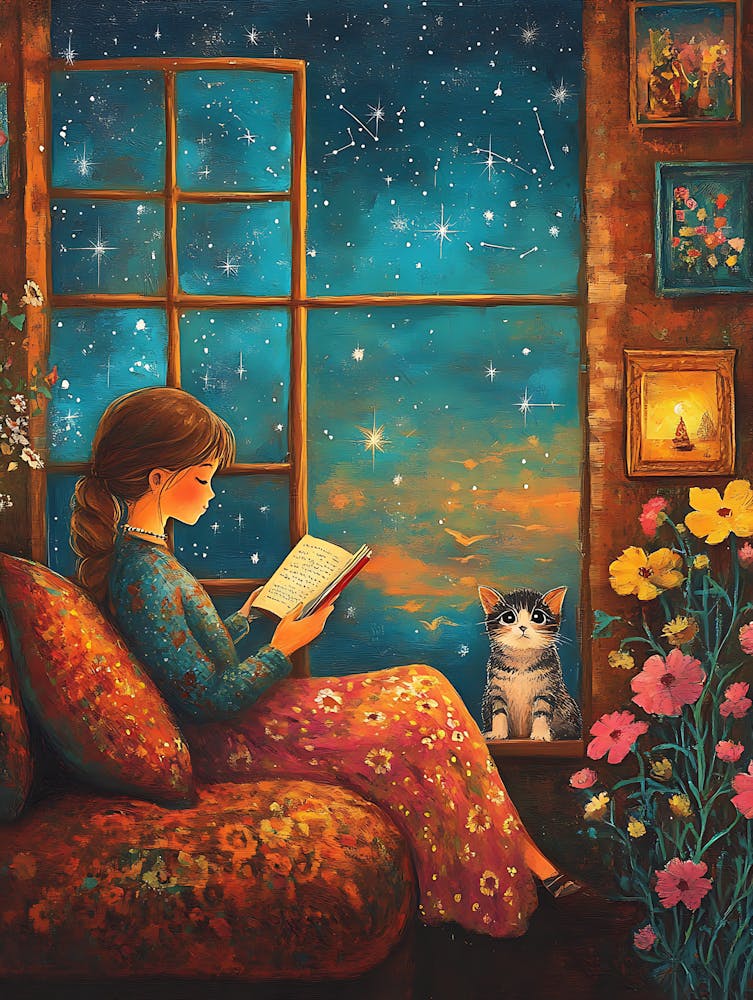 Girl Reading Book with Her Cat 1